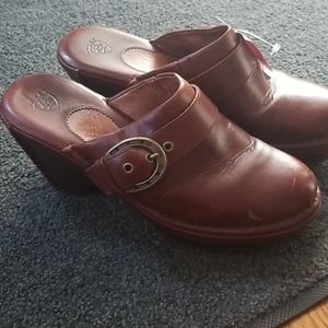 Brown leather clogs